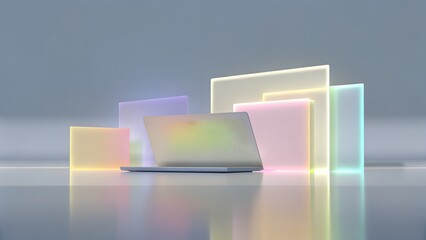 futuristic glowing holographic pastel rainbow laptop panels illustration