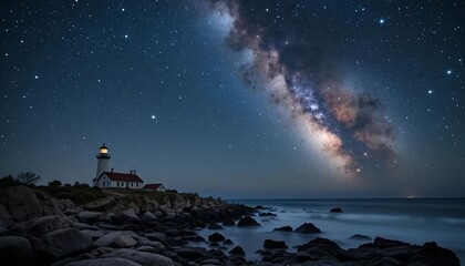 Lighthouse on rocky seashore under starry night sky, Milky Way visible, calm ocean waves, ultra sharp astrophotography style.