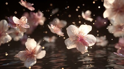 Delicate cherry blossom petals gently falling and floating on rippling water surface