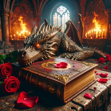 Dragon resting near ancient book, roses, and fire