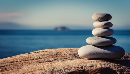 balanced zen stone stack in serene coastal landscape for mindfulness and tranquility