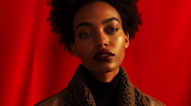  Retrato de Moda Cinematogr&aacute;fico de Elegancia y Tensi&oacute;n en Rojo Carmes&iacute;