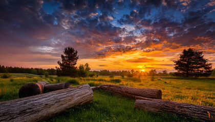 Serene Sunset Over A Grass Field With Rustic Logs Whimsical Trees And Colorful Clouds Reflecting Warm Orange And Deep Blue Tones In The Sky