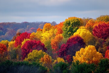 Vibrant autumn foliage display in a woodland area showcasing bright hues of red, orange, and yellow leaves
