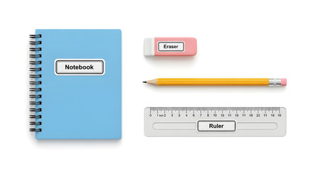 A realistic set of essential writing and drawing tools, including a blue notebook, yellow pencil, pink eraser, and ruler, arranged for school or office work