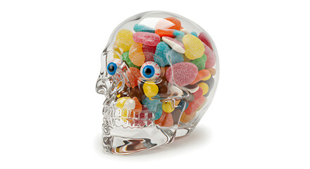 Crystal skull candy bowl filled with sweets, modern and striking Halloween decoration.