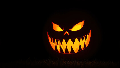 Fototapeta premium Spooky carved Halloween pumpkin glowing with menacing grin on dark night