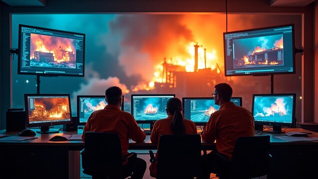 Surveillance team monitors industrial fire disaster emergency response system control center operations disaster management safety security
