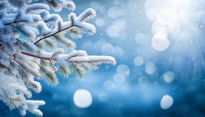 Winter Scene With Snow Covered Branches Against A Blue Bokeh Background