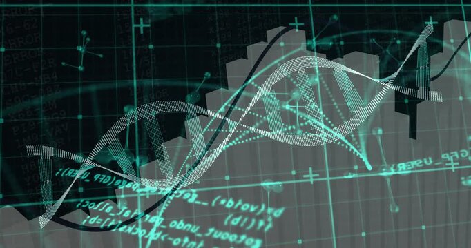DNA helix emerging from left gliding to center initiating bars pulsing in rhythm for data analysis