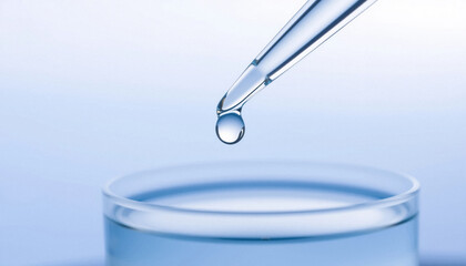Precise liquid drop falling from scientific pipette into clear beaker showcasing meticulous research and development