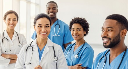 Fototapeta premium Diverse group of smiling doctors and nurses. Professional medical team posing in a modern hospital. Healthcare and teamwork concept.
