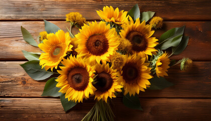 A Gorgeous Bouquet Of Sunflowers Perfectly Displayed On A Rustic Wooden Table