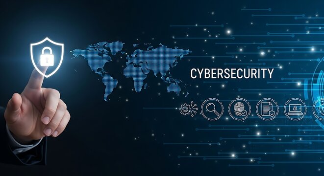 Hand touching a digital shield with a lock icon and world map