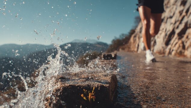 Runner splashing through water on mountain trail