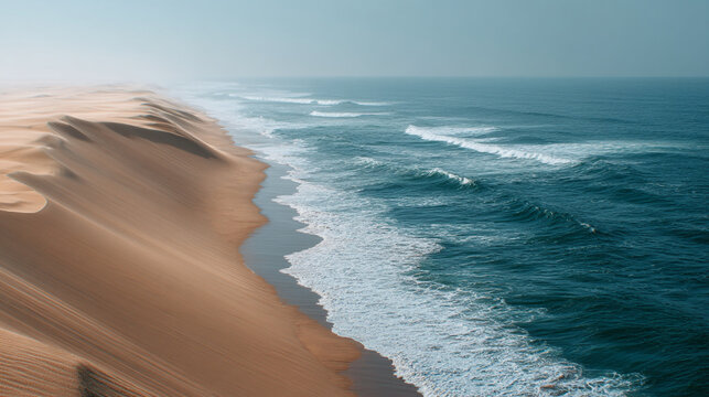 Aerial view of sand dunes meeting the ocean with waves on a hazy and overcast day