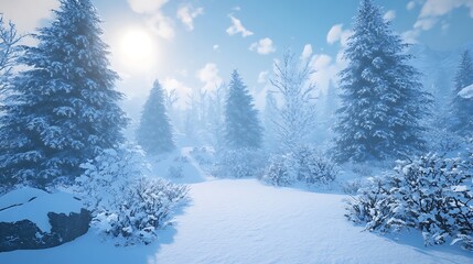 Fototapeta premium A picturesque winter landscape photo showcasing snow covered trees under a bright sunny blue sky