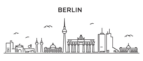 Obraz premium Berlin Line Art skyline. Travel Berlin famous landmarks. Business and tourism concept for presentation, banner, web site. with white background