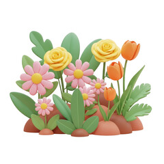 Vibrant clay flower arrangement with yellow roses and orange tulips isolated on transparent background
