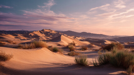 Fototapeta premium A scenic view of sand dunes with sparse vegetation and a mountain range in the distance