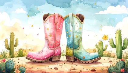 Colorful cowboy boots in a desert landscape