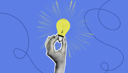 Halftone collage hand holding glowing yellow light bulb on blue background. Retro pop art style concept of idea, creativity, startup, innovation, inspiration. Vector illustration. © Olga Tsikarishvili