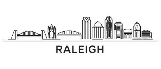Raleigh Line Art skyline horizontal banner. Raleigh, North Carolina. Vector template for your design. with white background