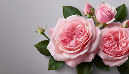 Elegant Pink Roses With Delicate Accents Against A Soft Gray Background In Springtime Bloom