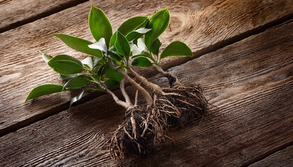 plant with exposed roots on rustic wooden surface
