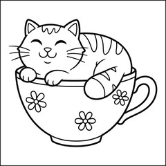  Adorable Teacup Kitten - Sweet Line Art Vector Illustration for Pet, Food, and Children's Designs