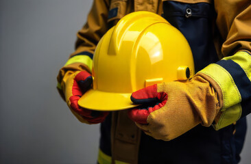 Fototapeta premium Protective helmet. Firefighter gear. Yellow hard hat.