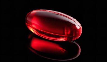 Red capsule medicine isolated on dark background, detailed close-up of glossy oval pill symbolizing healthcare, treatment, and pharmaceutical science