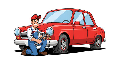 Mechanic Fixing a Red Car with Flat Tire Illustration