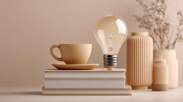 High-quality realistic stock photo of 'innovation' with color trend 'beige', evoking a 'calm' feeling, targeting 'Graphic designers'.