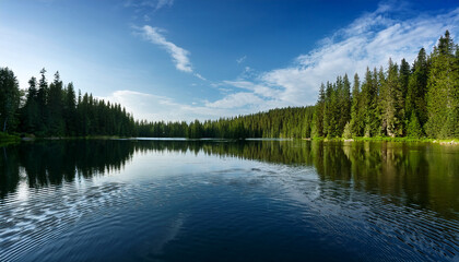 Tranquil Lake Surface With Gentle Ripples Reflecting Surrounding Forest Landscape
