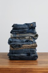 Assorted denim jeans stacked on a wooden table. Neutral light background, studio lighting. Clean fashion apparel product photography with copy space.