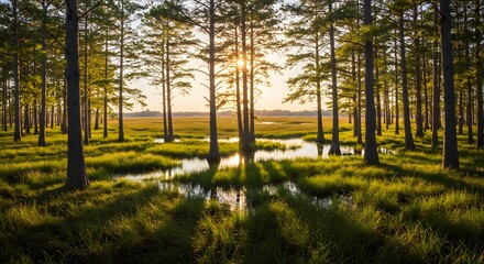 Obraz premium Sunset over marsh forest