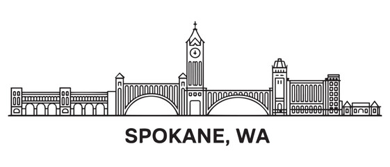 Obraz premium Spokane, WA Line Art skyline silhouette. Black Spokane city design. with white background