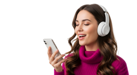 Cheerful young woman enjoying captivating audio content with wireless headphones, holding a smartphone and smiling brightly on a clean white backdrop