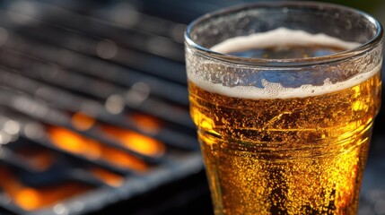 A close-up of a beer or soda glass with grill marks in the background, evoking a relaxed, celebratory mood