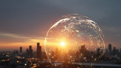 Global connectivity at sunset over cityscape