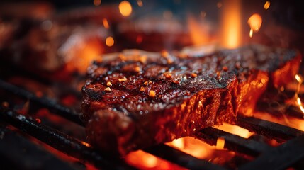 A close-up of a sizzling steak on a grill with vibrant reds and browns, capturing energetic and mouthwatering vibes