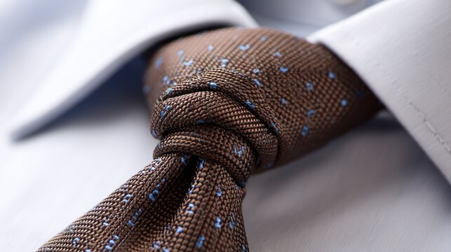 A close-up of a tie knot with a background of a crisp shirt collar, evoking trust and authority