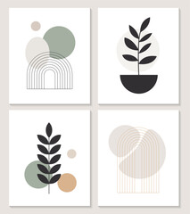 Modern Minimalist Botanical Wall Art Set, Abstract Geometric Plant Illustrations in Neutral Tones