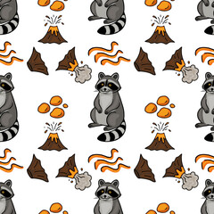 Seamless vector pattern featuring adorable cartoon raccoons amidst erupting volcanoes and lava flows, creating a playful yet slightly mischievous design.