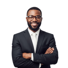 Confident smiling black man in suit with glasses arms crossed professional portrait transparent background