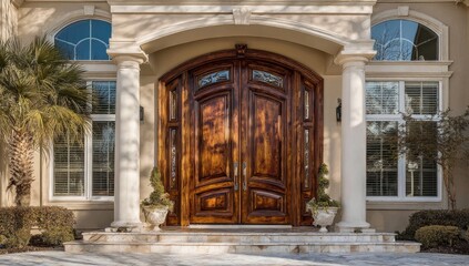 Obraz premium A grand entrance with a rich wooden double door, elegant columns, and a light beige facade.