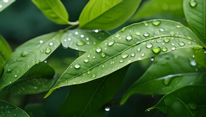 Fresh Green Leaves With Dew Drops After A Rainy Morning