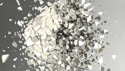 A digitally rendered explosion, a sphere shattering into countless fragments, all in varying shades of grey and white, creating a dramatic and abstract effect against a gradient background