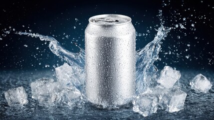 white aluminum can, dynamic water splashes and ice cubes. Refreshing beer or soda drink.